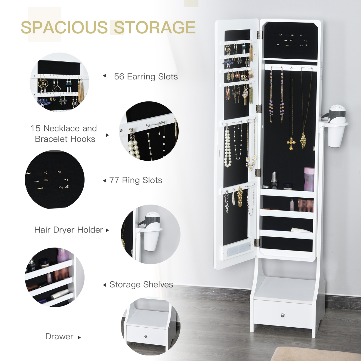 Freestanding LED Mirror Jewellery Armoire with Drawer & Hairdryer Holder – Full Length Mirror