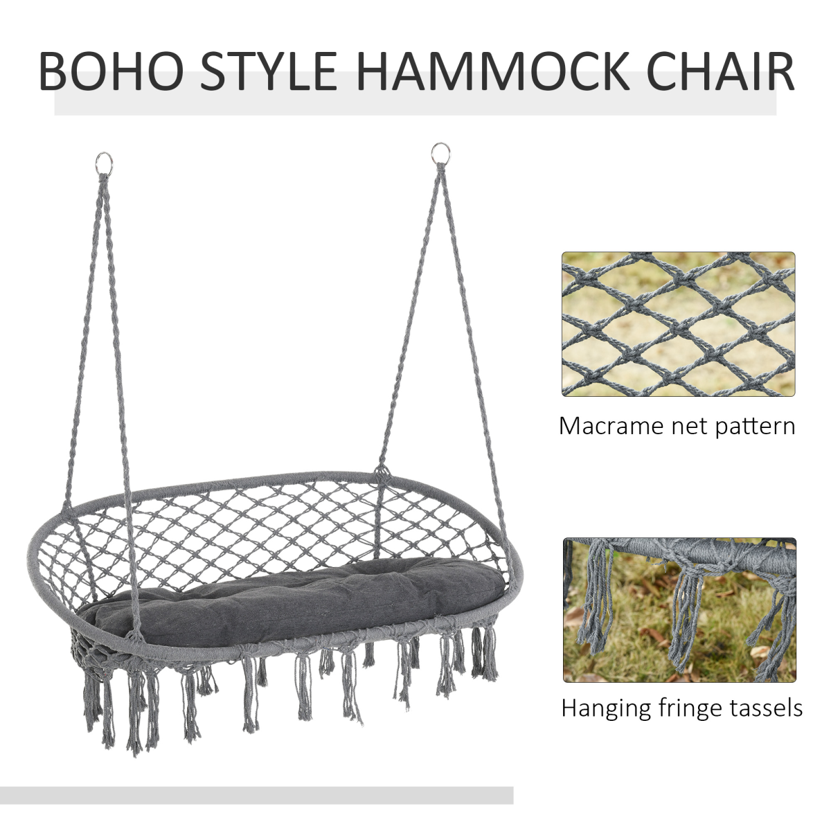 Outsunny Large Macramé Hanging Hammock Chair with Metal Frame – Two-Seater Boho Swing, Dark Grey