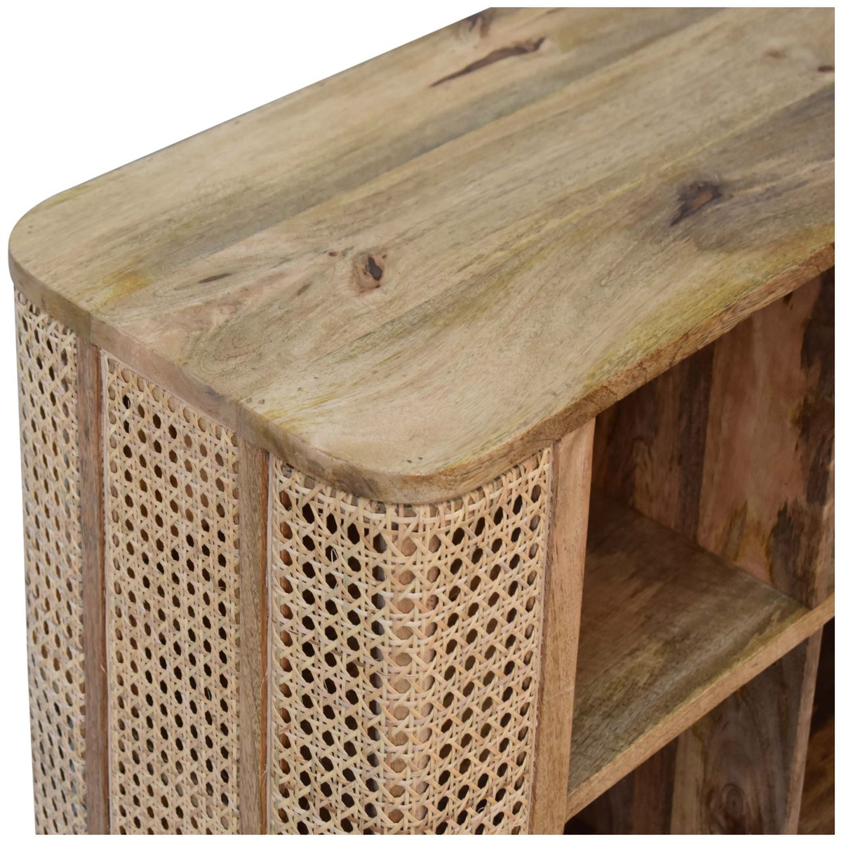 Artisan Furniture Solid Wood Larissa Open Double Cabinet with Rattan Design – 4 Shelves, Beige