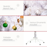 HOMCOM 5ft Artificial Snow Christmas Tree with Metal Stand and Decorations – Elegant Faux White Tree