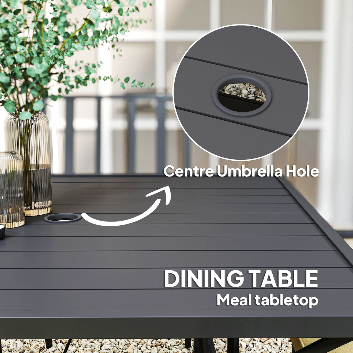 Outsunny Outdoor Dining Set with 4 Stackable Cushioned Armchairs & Metal Table, 50mm Umbrella Hole – Black/Beige