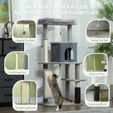 PawHut 132cm Cat Tree for Indoor Cats with Scratching Posts, Cat House, Bed & Anti-Tip Kit – Light Grey