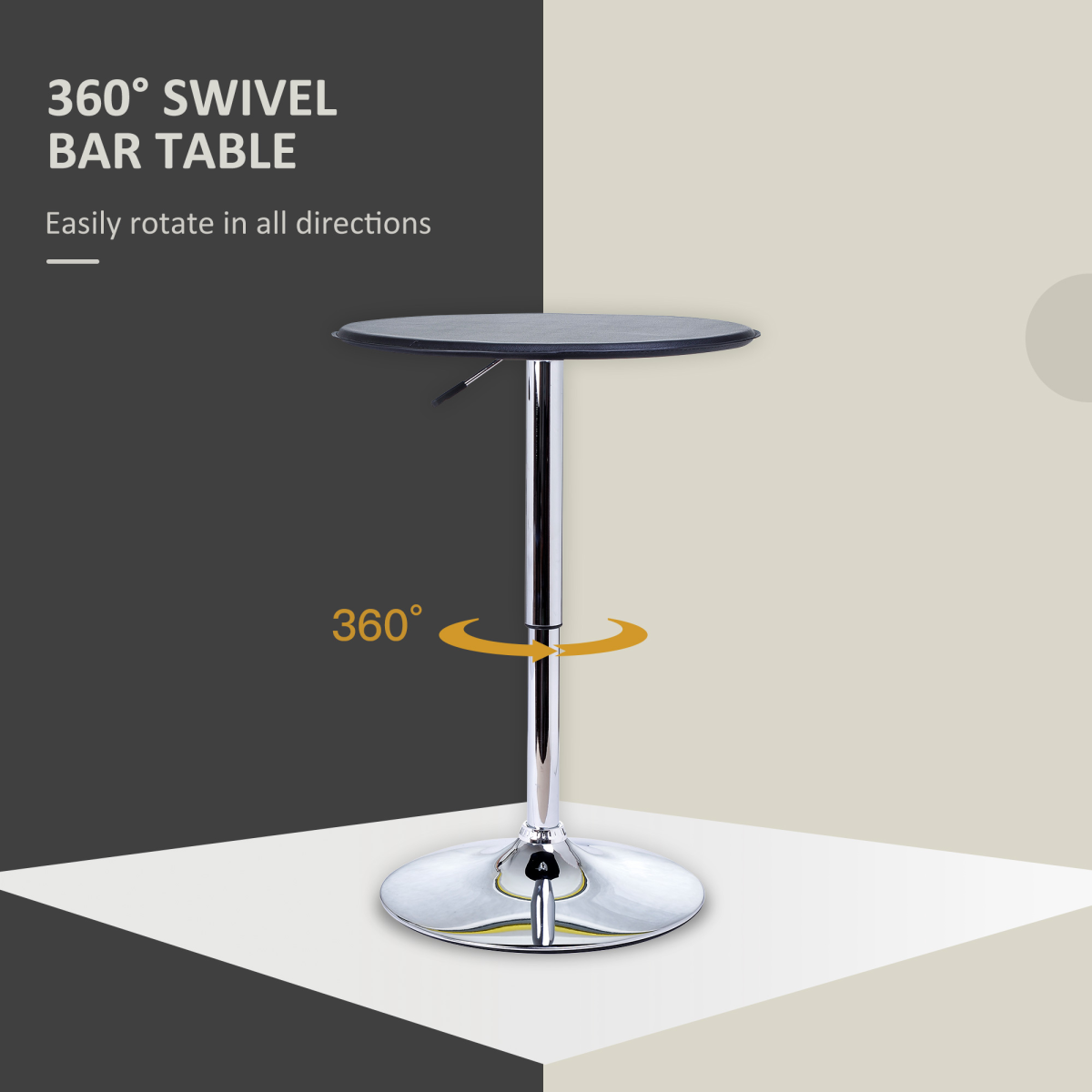HOMCOM Height Adjustable Round Bar Table with 360° Swivel Top and Chrome Steel Frame – Kitchen & Dining, Black