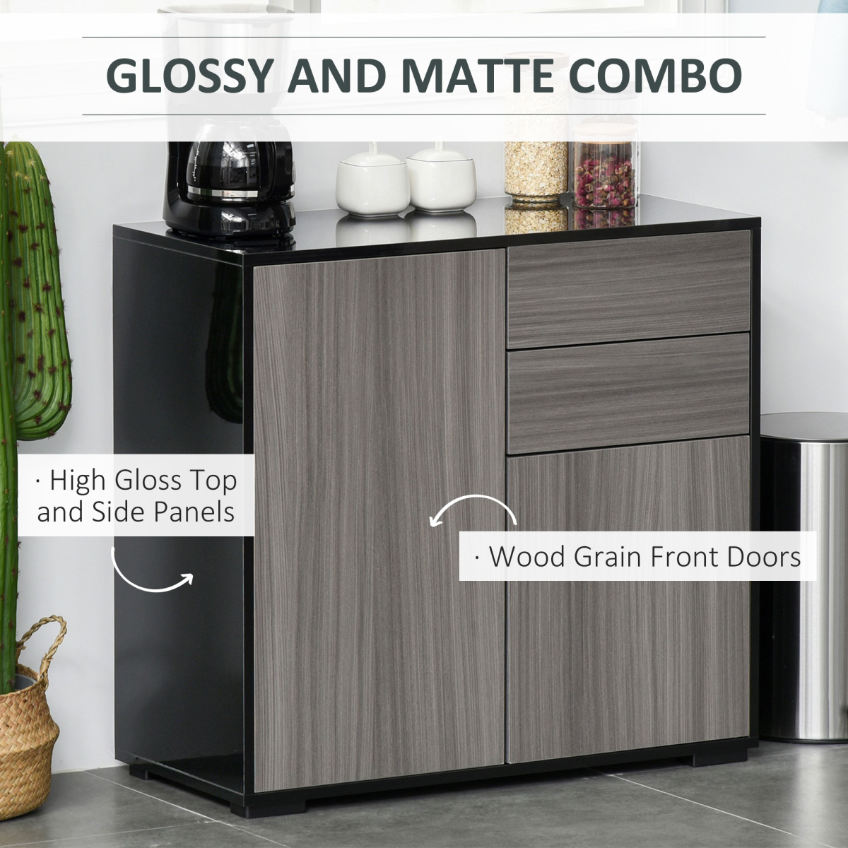 Glossy and Matte Side Cabinet with 2 Doors and 2 Drawers – Push-Open Home Office Storage, Grey and Black