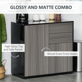 Glossy and Matte Side Cabinet with 2 Doors and 2 Drawers – Push-Open Home Office Storage, Grey and Black
