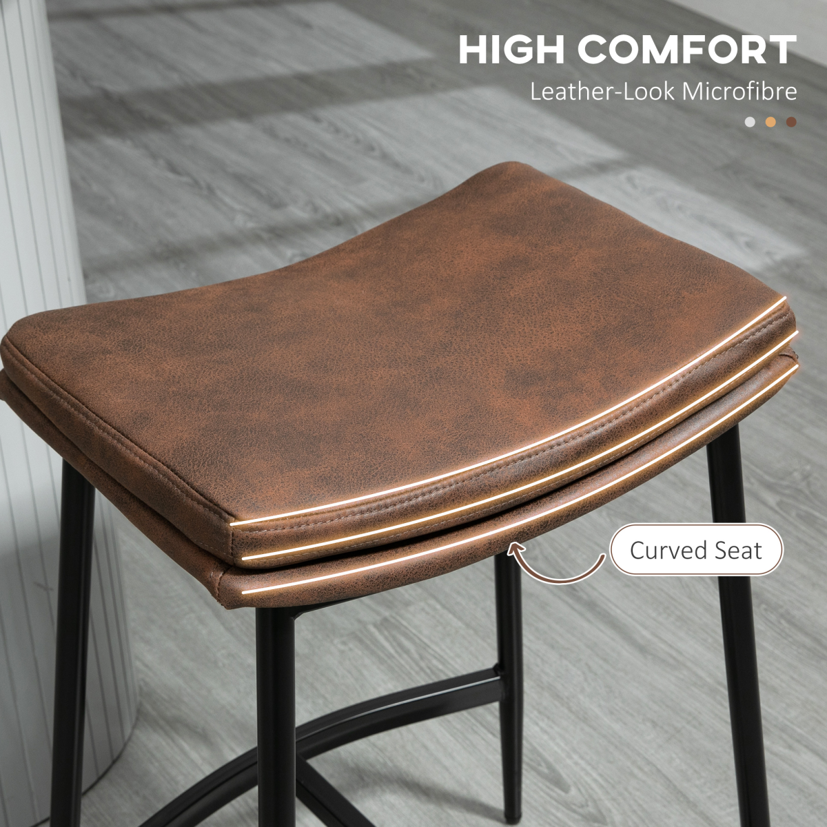 HOMCOM Upholstered Curved Seat Breakfast Bar Stools with Footrest – Set of 2, Brown