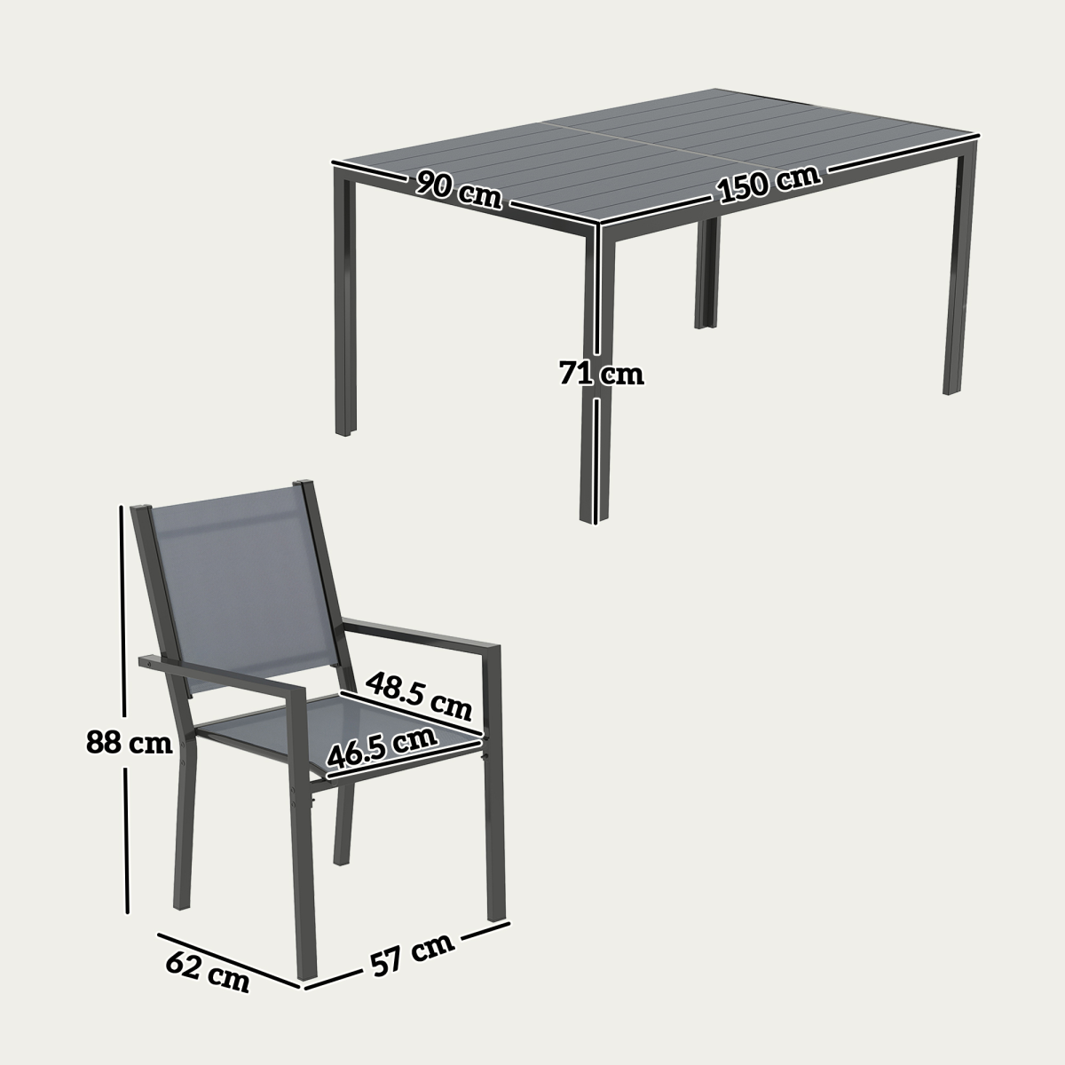 Outsunny 7 Piece Garden Dining Set with 150cm Table and 6 Stackable Chairs – Outdoor Balcony Furniture, Grey