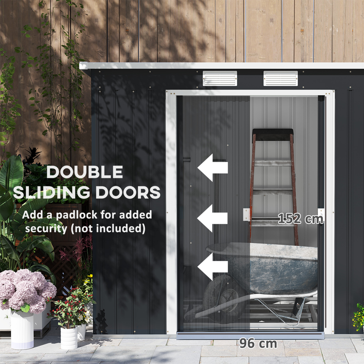 Outsunny 7x4ft Metal Garden Storage Shed with Sliding Double Door – Galvanised Steel Tool Shed, Dark Grey