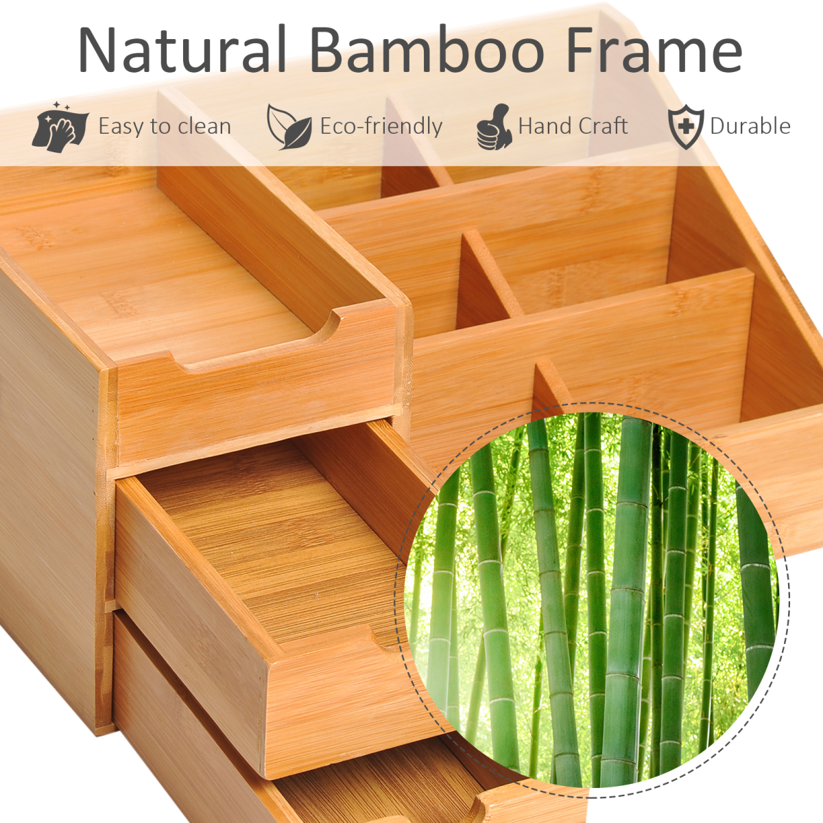 HOMCOM Bamboo Desktop Organiser with 2 Large Drawers & 7 Compartments – Home Office Storage
