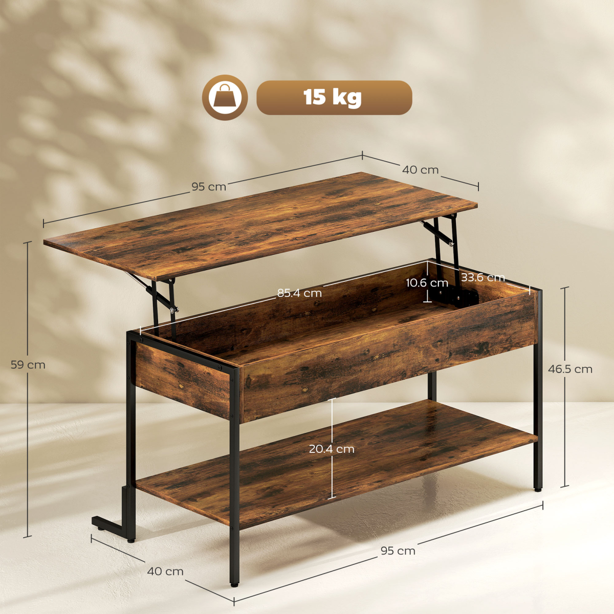 HOMCOM Industrial Lift Top Coffee Table with Hidden Storage Compartment & Open Shelf – Rustic Brown