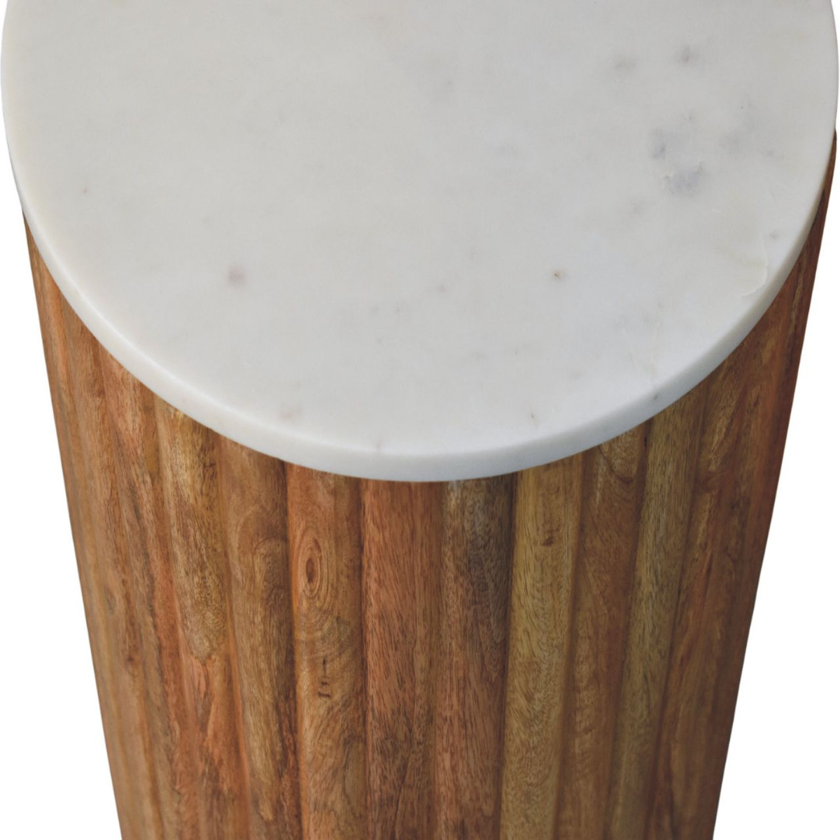 Artisan Furniture Solid Wood Fluted Side Table with Marble Top – Oakish Finish, Brown & White