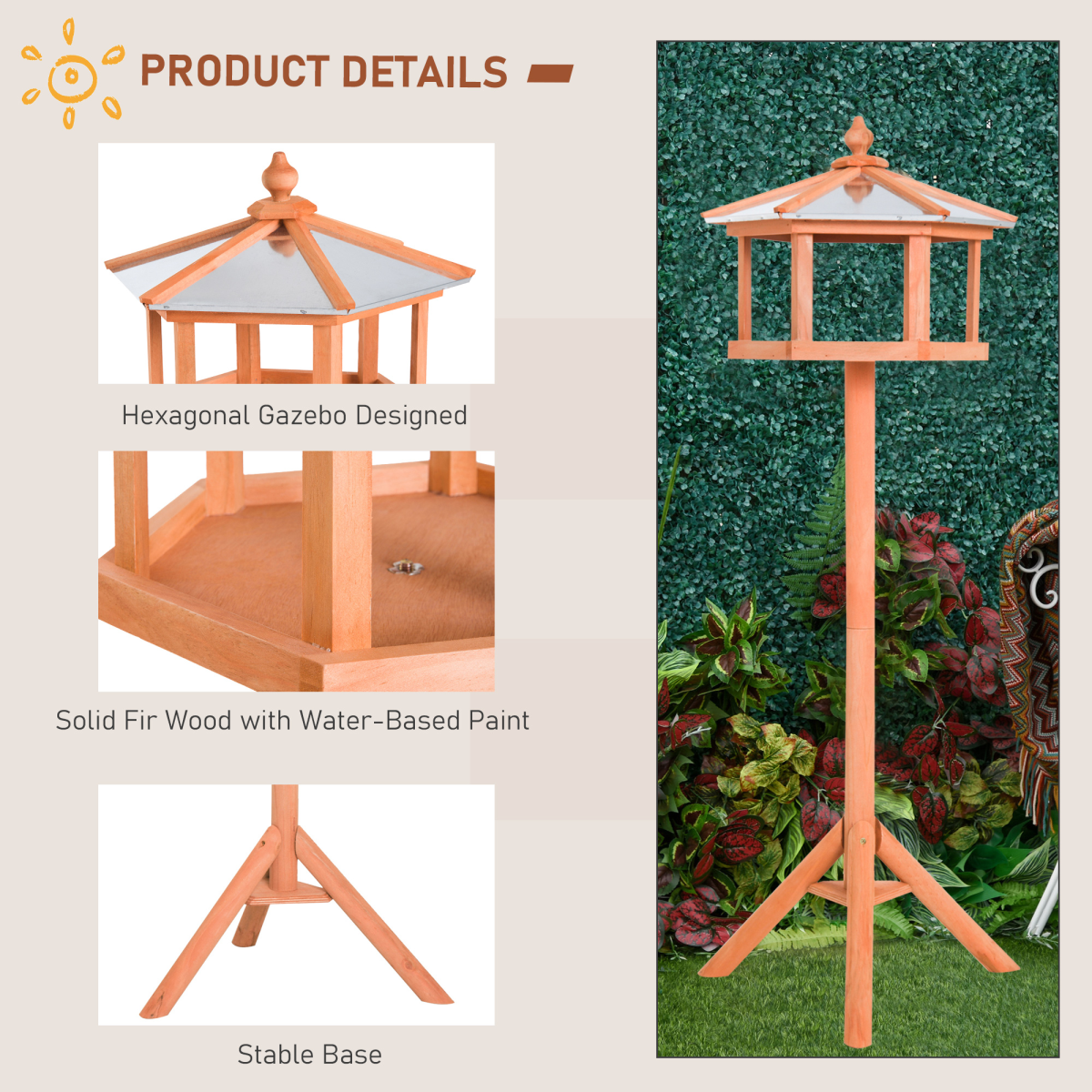 PawHut Wooden Bird Feeder Stand with Pitched Roof – Garden Feeding Station and Platform, Fir Wood Tripod Base