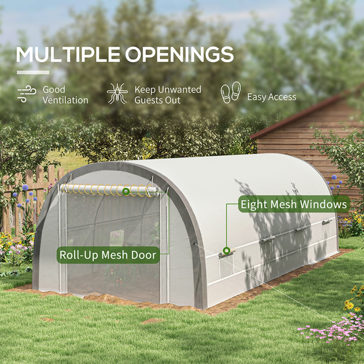 Outsunny 6 x 3m Polytunnel Greenhouse Kit with Mesh Door, Side Windows and 15 Plant Labels – Galvanised Steel, White