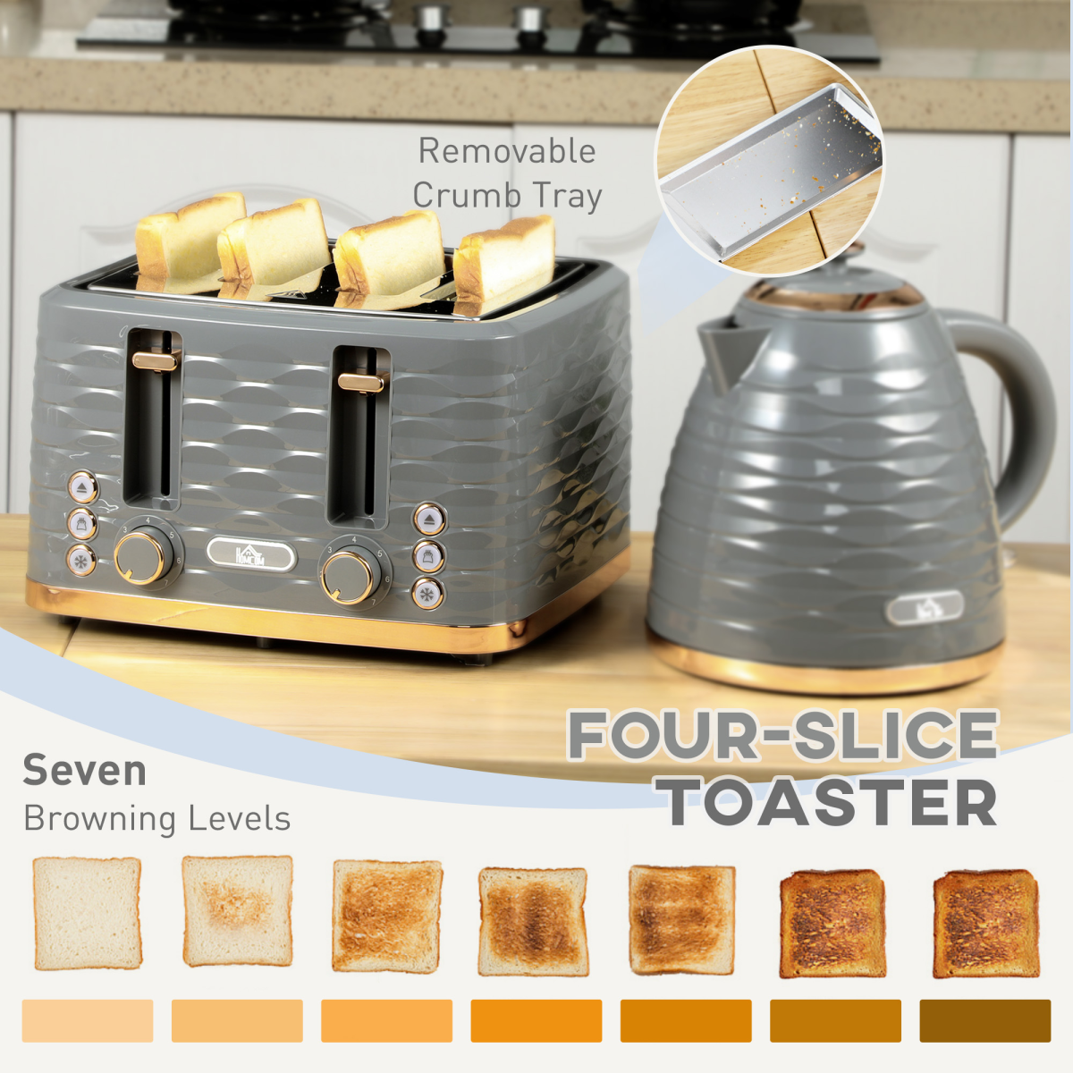 HOMCOM Kettle and Toaster Set with 1.7L Rapid Boil Kettle & 4-Slice Toaster – Matching Breakfast Set, Grey