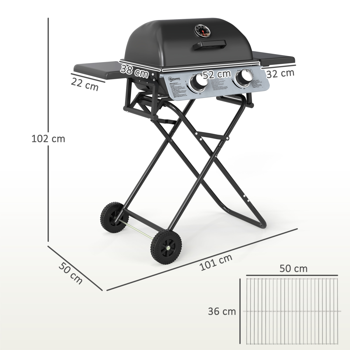 Outsunny Portable Foldable Gas Barbecue Grill with Lid and Thermometer, Two Burners – Suitcase BBQ, Black