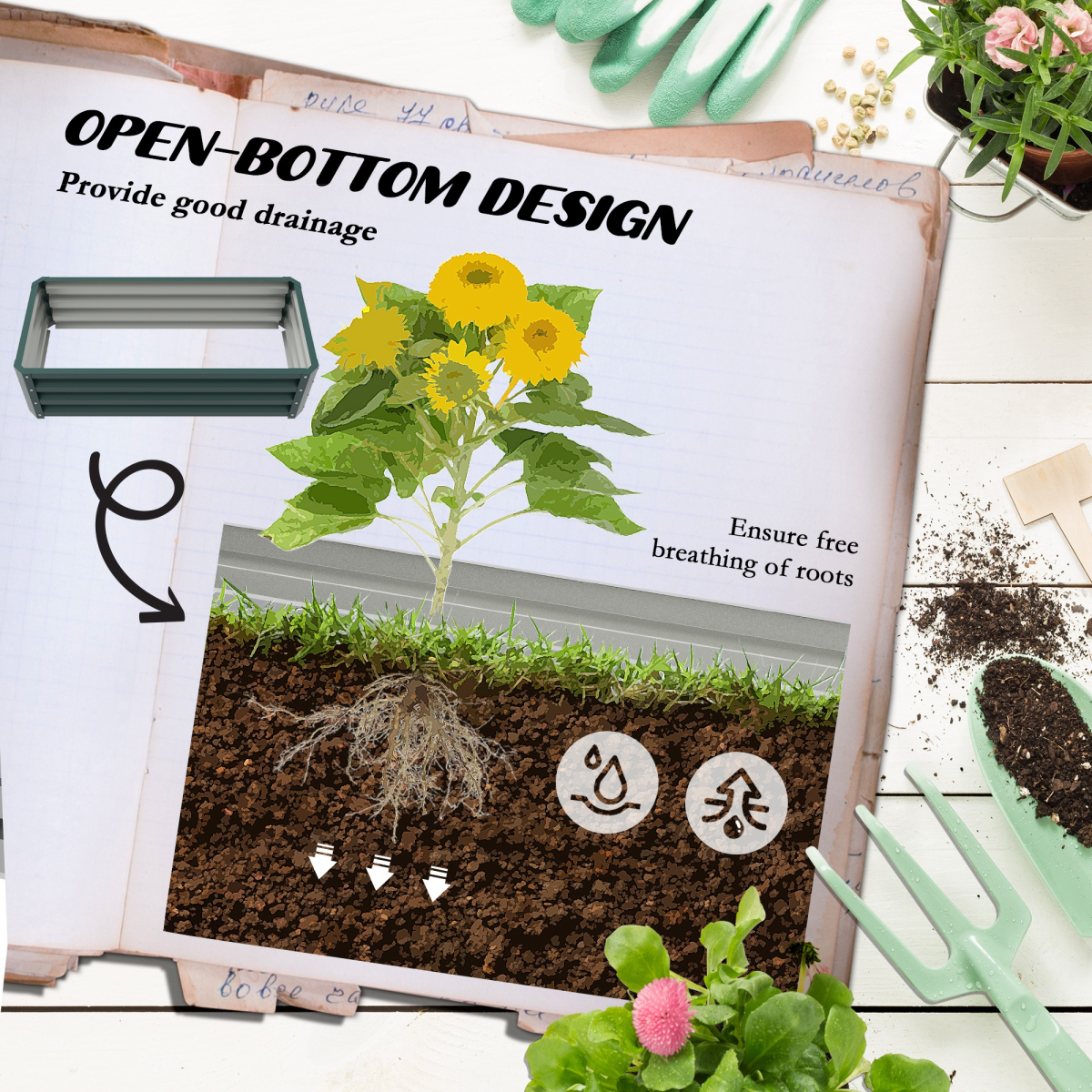 Outsunny Set of 2 Galvanised Steel Raised Garden Beds, Outdoor Planter Boxes – Open Bottom, Green