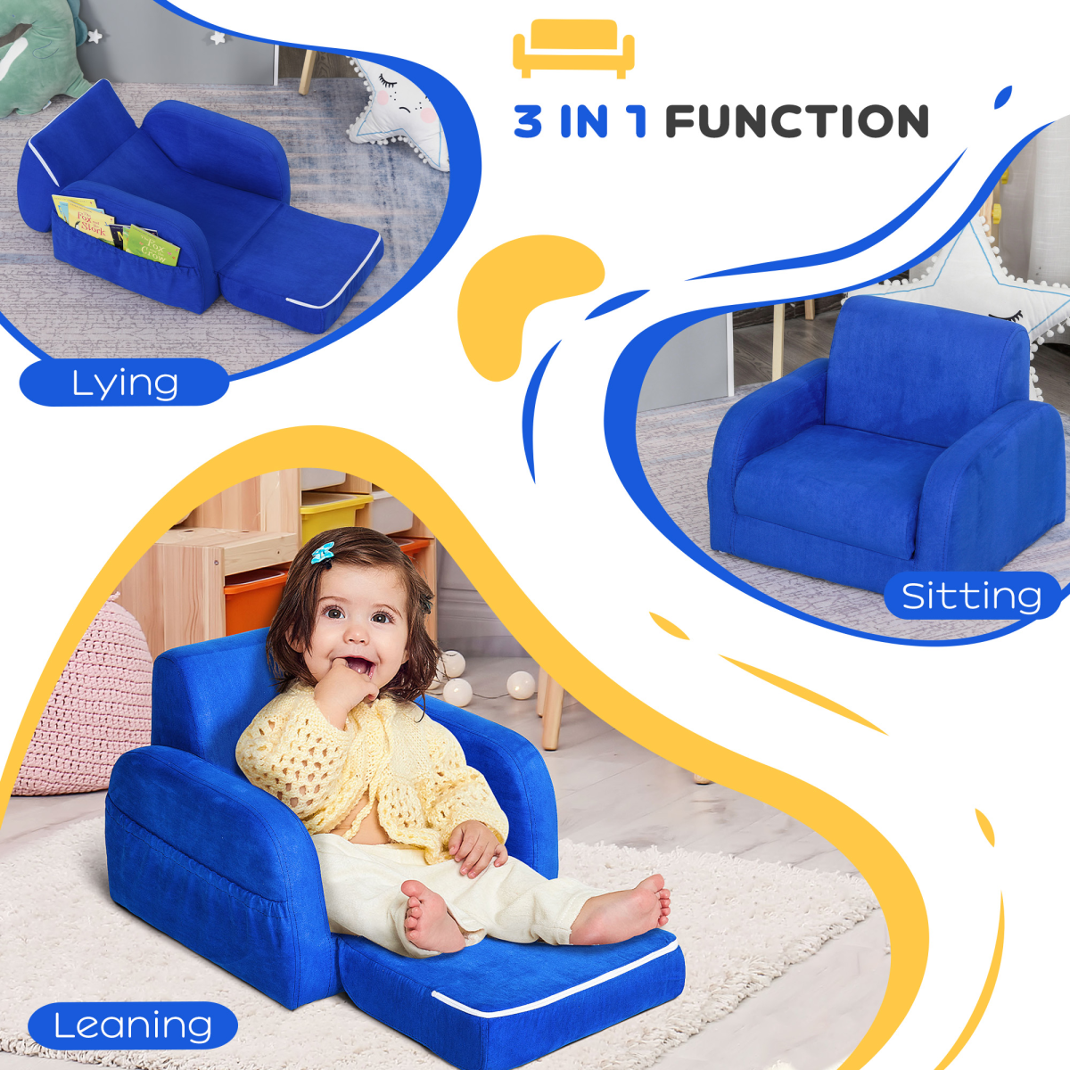 HOMCOM 2-in-1 Kids Sofa Armchair with Fold-Out Bed – Flip-Open Toddler Couch in Flannel, Blue