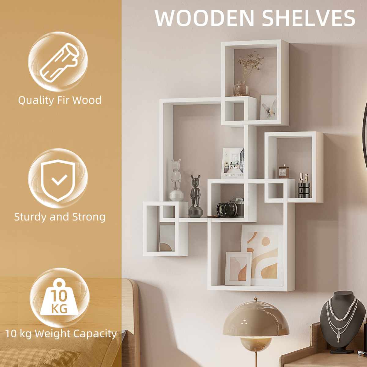 HOMCOM Interlocking Cube Floating Shelves, Set of 5 – Wall-Mounted Display Shelves, White