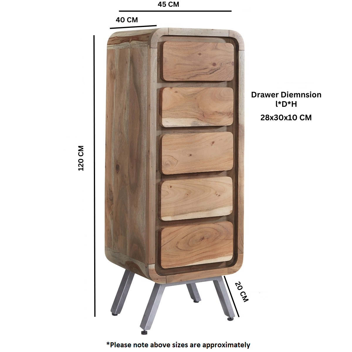 Aspen 5 Drawer Tall Chest – Solid Hardwood & Reclaimed Metal, Fully Assembled