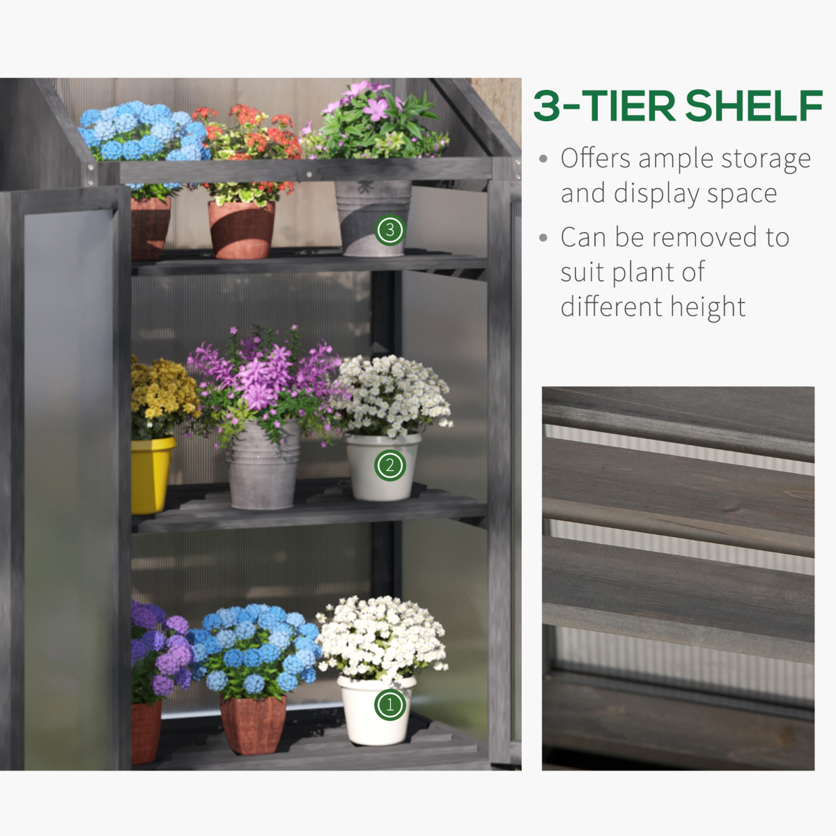 Outsunny Wooden Cold Frame Greenhouse with 3 Slatted Shelves & Double Doors – Grow House, Grey