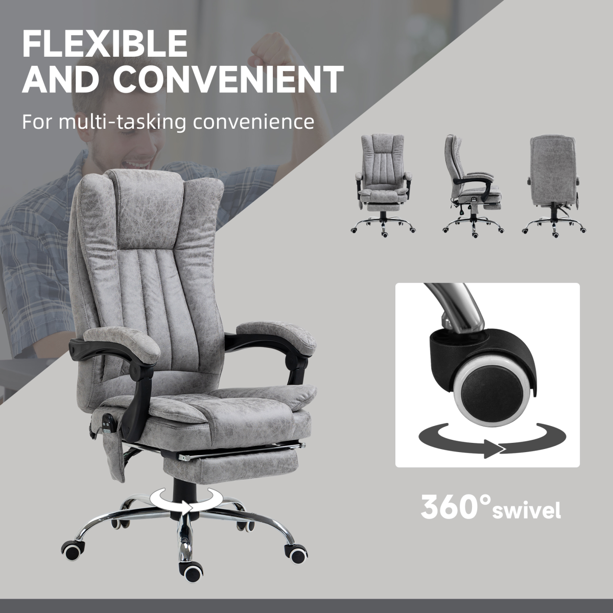 Vinsetto 6-Point Vibration Massage Office Chair with Heating & Remote – Microfibre Swivel Chair, Grey