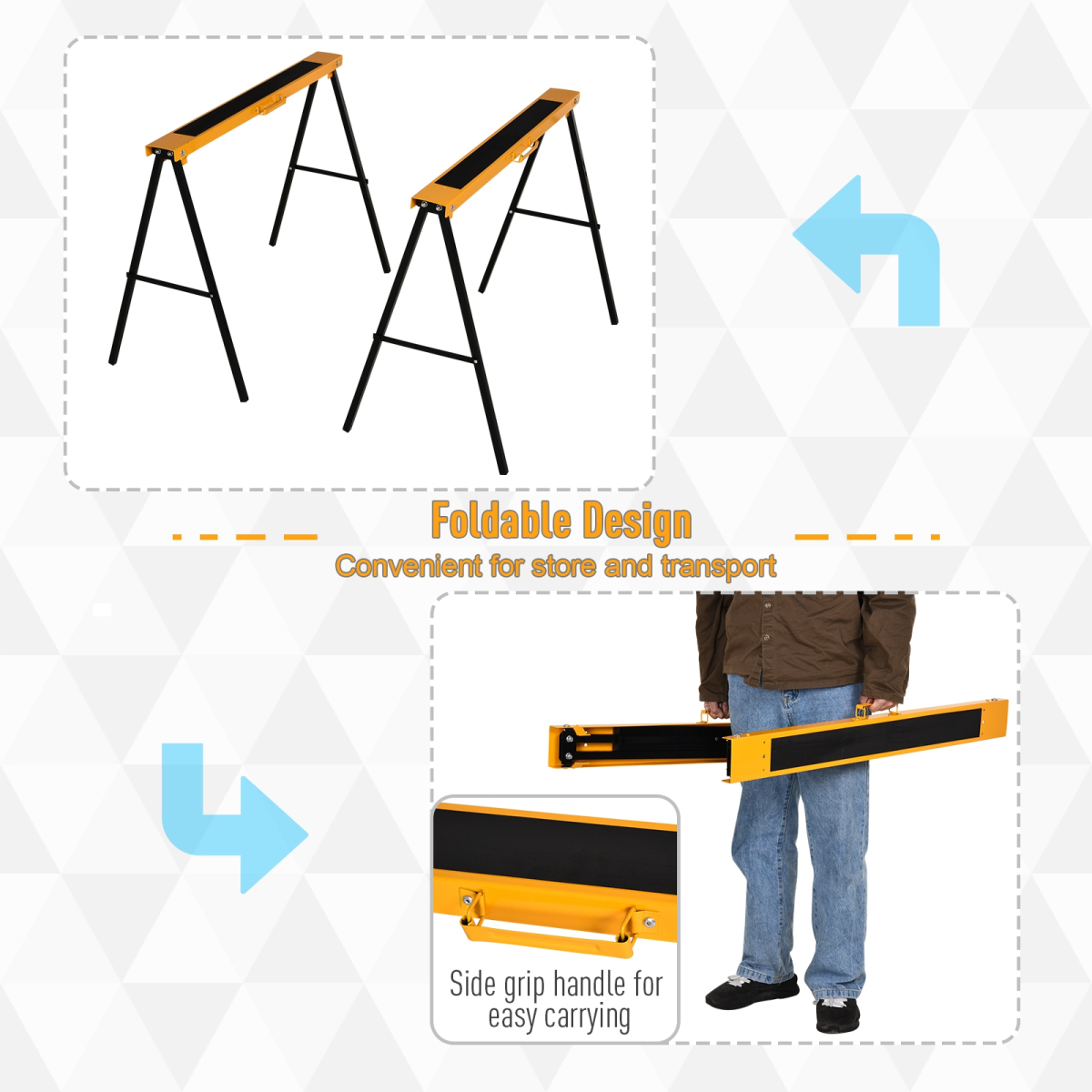HOMCOM Steel Saw Horse Set of 2 with Non-Slip Platform – Foldable Trestles for DIY, 125kg Load, Black/Yellow