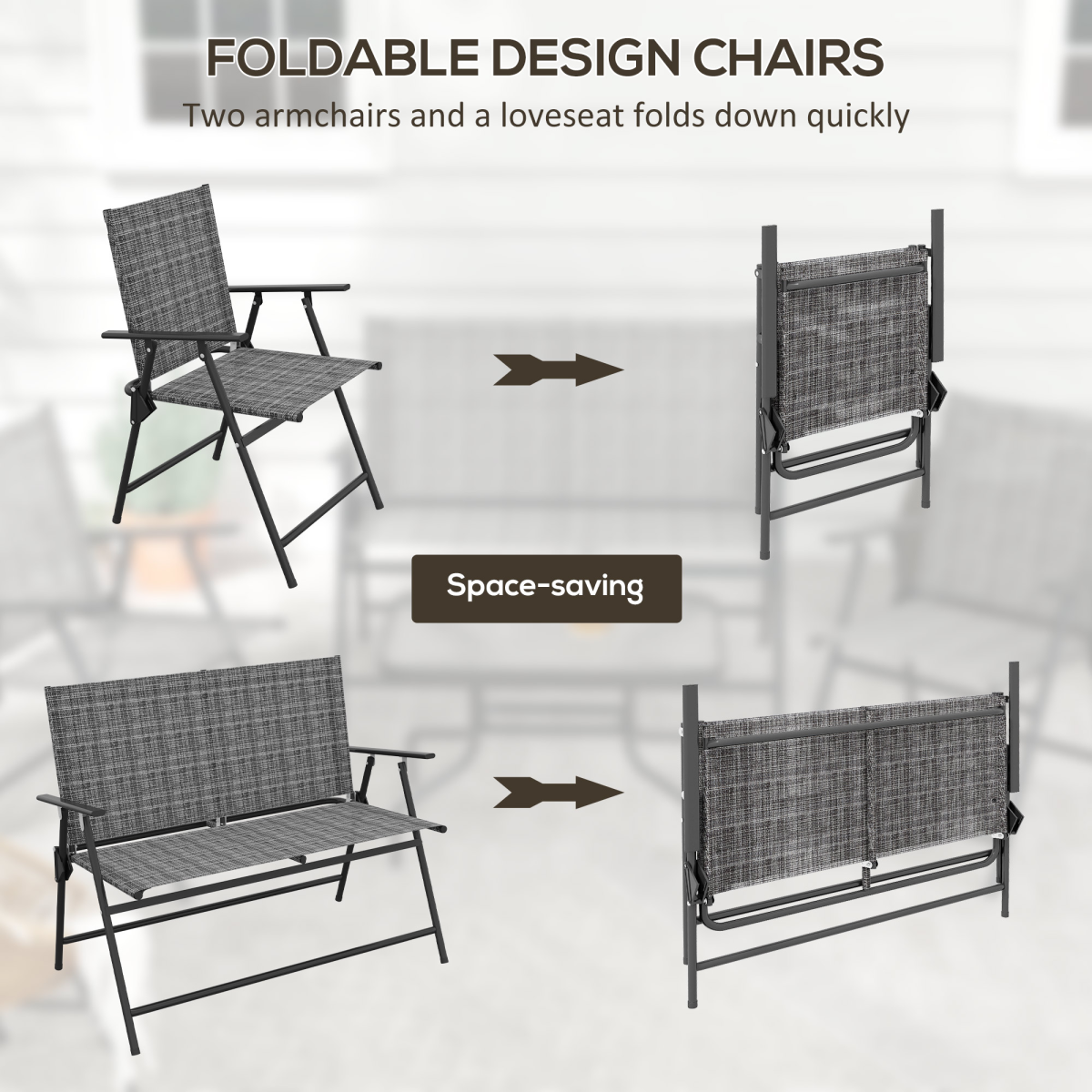 Outsunny Patio Furniture Set with Two Foldable Armchairs, Loveseat and Glass Table – Garden Set, Dark Grey