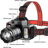 5-Mode LED Headlamp with Motion Sensor, USB-C Rechargeable & Zoom – Camping, Hiking & Outdoor Headlight, Black