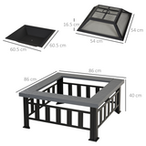 Outsunny Square Fire Pit with Faux Stone Tabletop and Waterproof Mesh Cover – Black/Grey