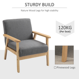 HOMCOM Linen Upholstered Accent Armchair with Solid Pine Wood Frame and Thick Cushions – Grey/Oak