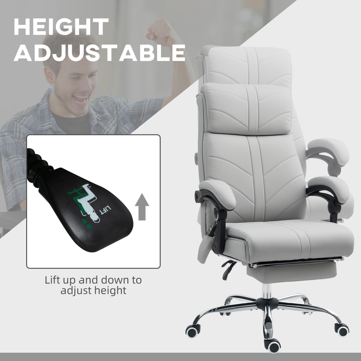Vinsetto Heated Massage Office Chair with 4-Point Vibration, Footrest & Remote – Light Grey PU Leather
