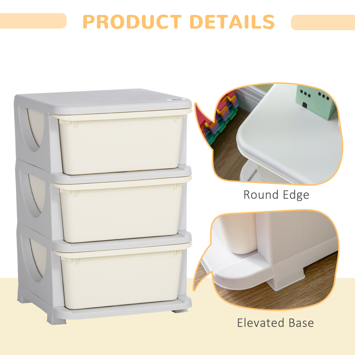 HOMCOM Kids Storage Unit with 3 Drawers – Vertical Dresser Tower for Bedroom and Playroom