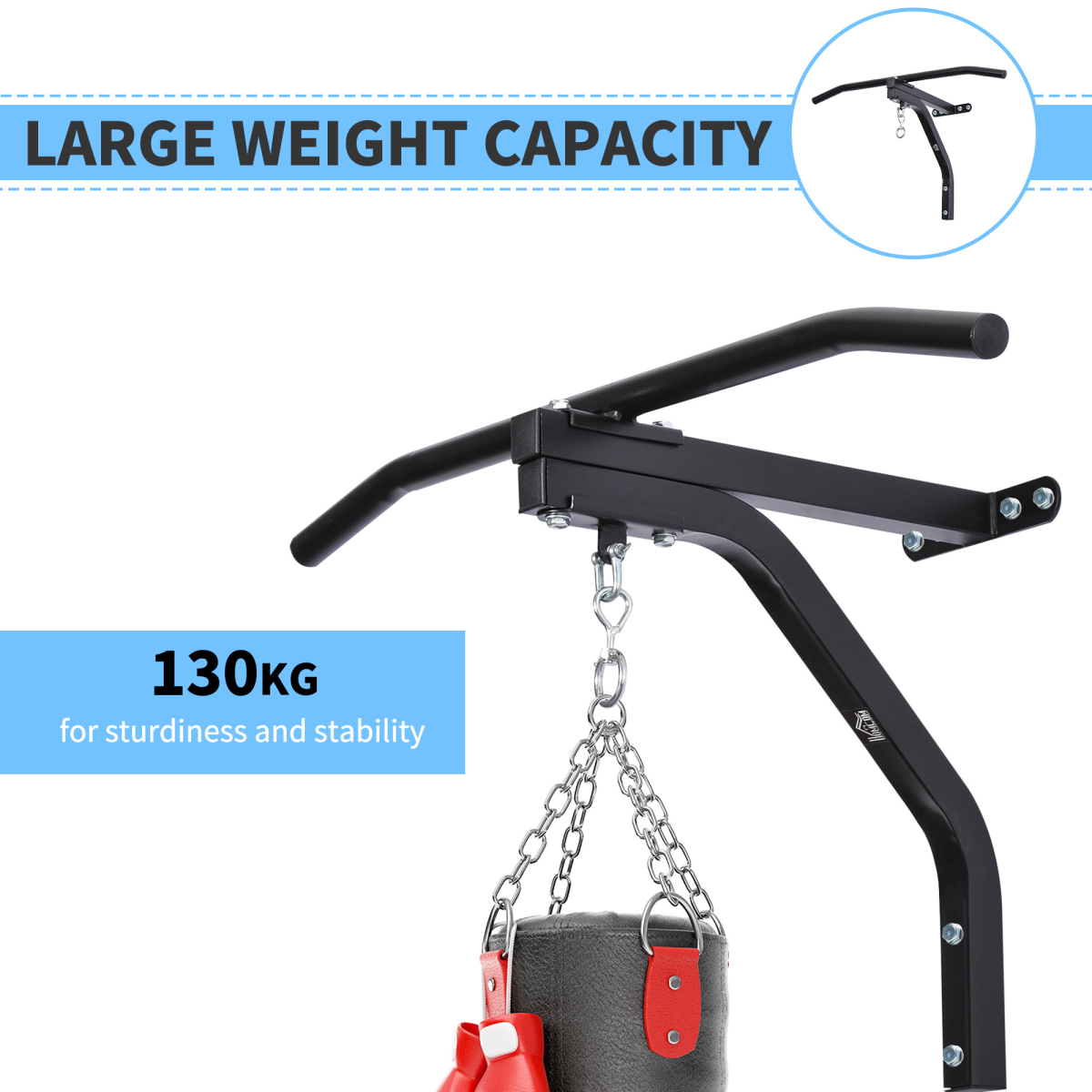 HOMCOM Wall Mounted Punch Bag Bracket with Pull Up Bar & Swivel Chain, 130kg – Steel Boxing Hanger, Black