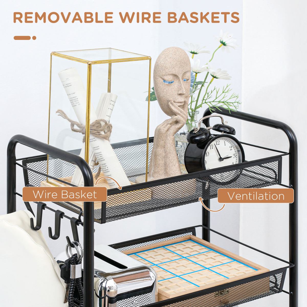 HOMCOM 5 Tier Utility Rolling Cart with Removable Mesh Baskets and Lockable Wheels – Storage Trolley, Black