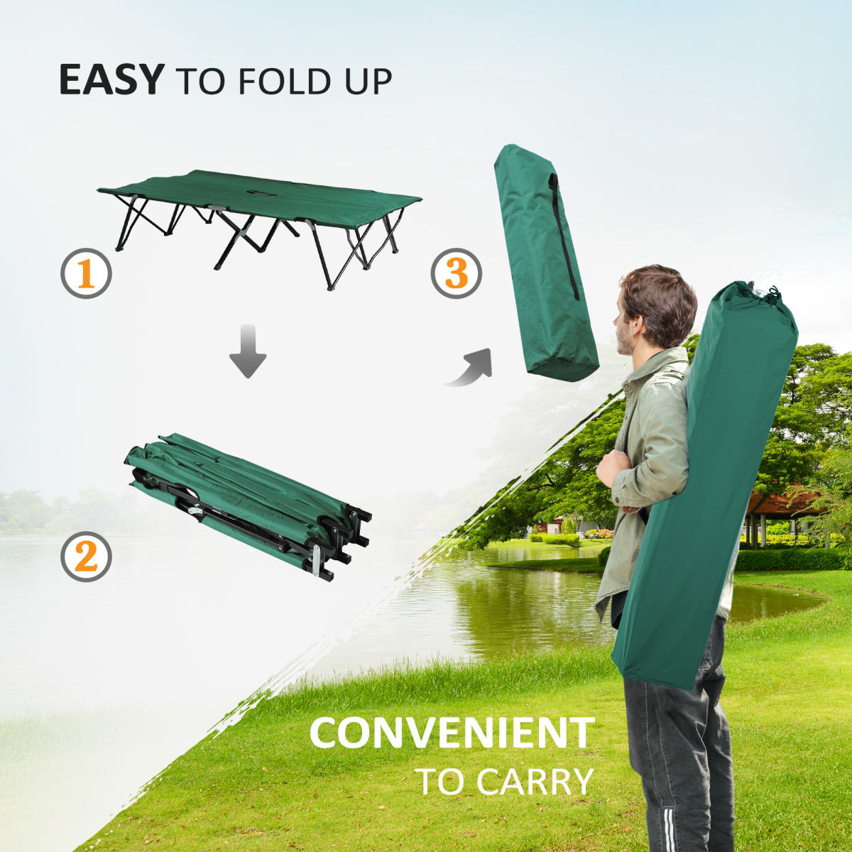 Outsunny Double Camping Cot with Carry Bag, 136kg Capacity – Folding Two-Person Camp Bed, Green