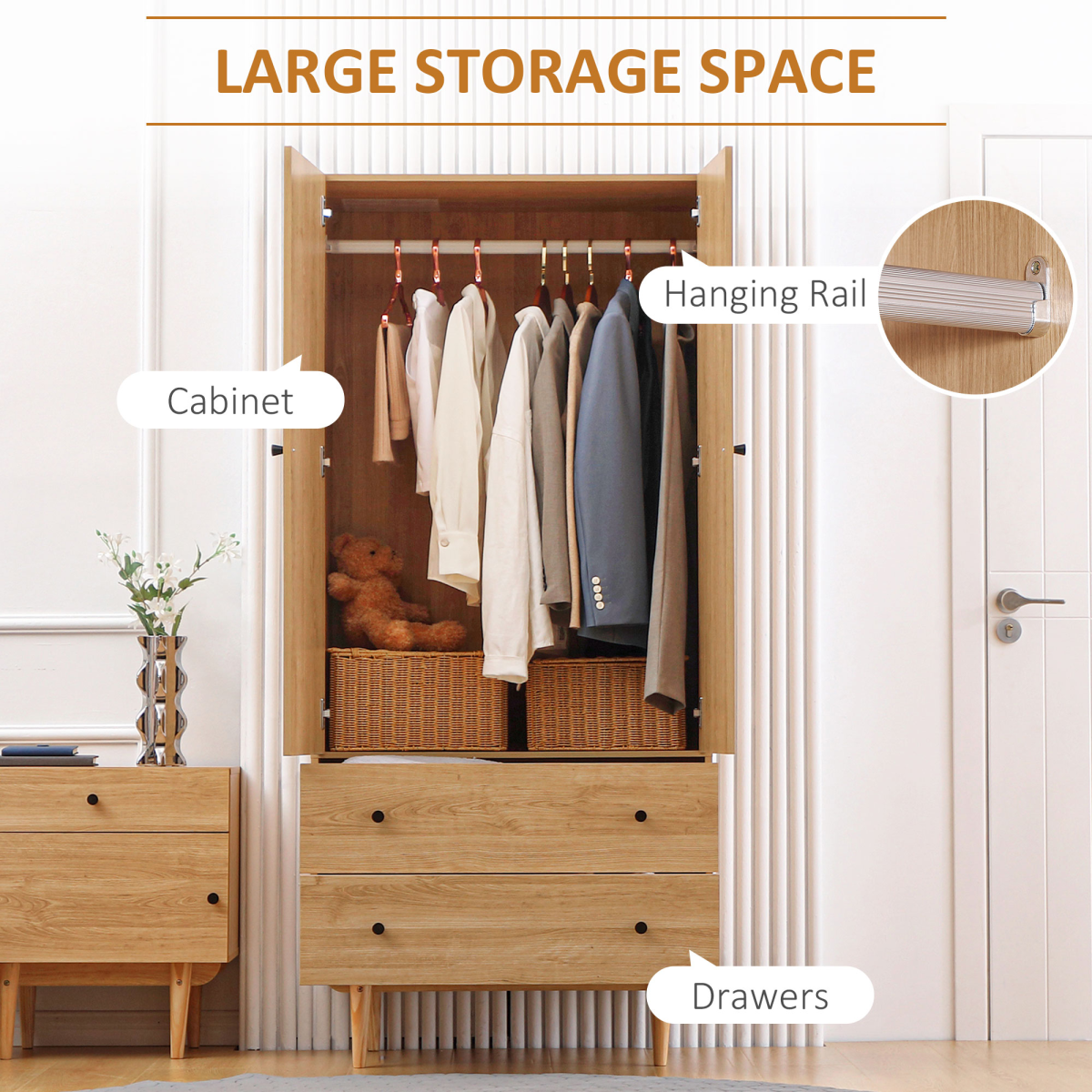 HOMCOM Modern 2 Door Wardrobe with 2 Drawers & Hanging Rail – Bedroom Clothes Storage