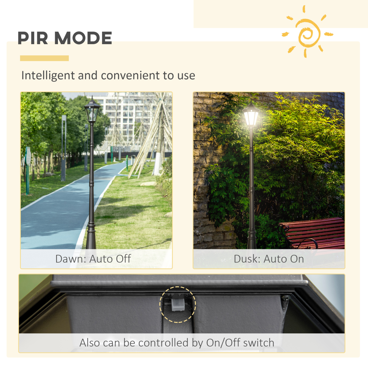 Outsunny 2.4m Solar Garden Lamp Post with Dusk-to-Dawn Sensor, IP44 Aluminium Frame – Patio Path Light