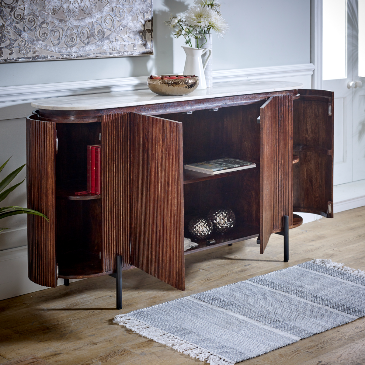 Opal Mango Wood Sideboard with Real Marble Top & Metal Legs – Handmade Dining & Living Room Storage