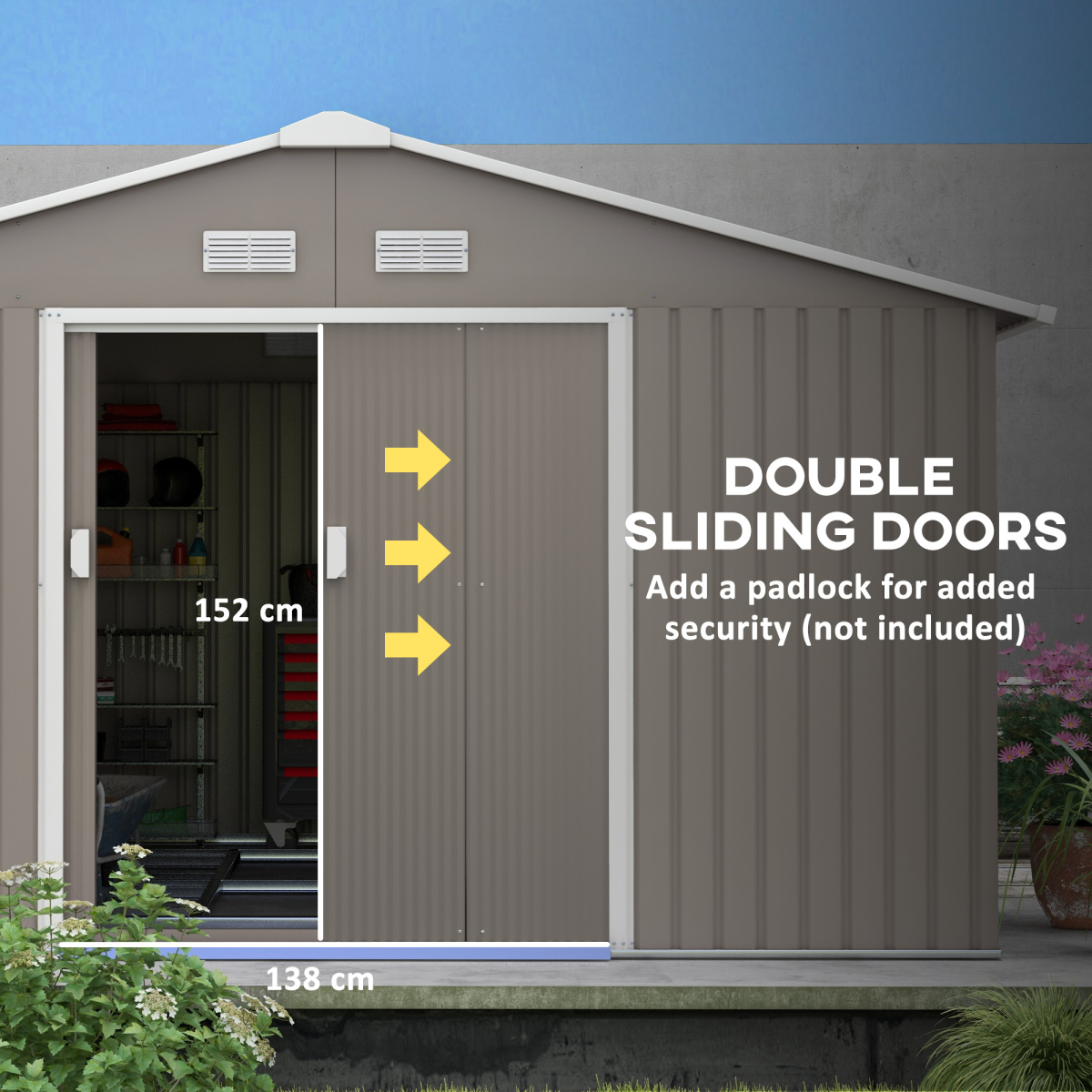 Outsunny 12.5 x 11ft Metal Garden Shed with Double Doors & Sloped Roof – Colour Steel Tool Storage with Foundation