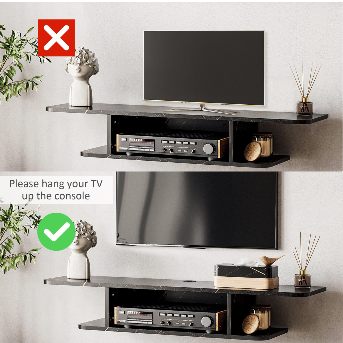 Floating Wall-Mounted TV Unit with Storage Shelves and Cable Management – Media Console, Black