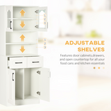 HOMCOM 168cm Kitchen Storage Cabinet with Glass Doors, Two Shelves & Drawers, Open Counter – Anti-Tipping, White