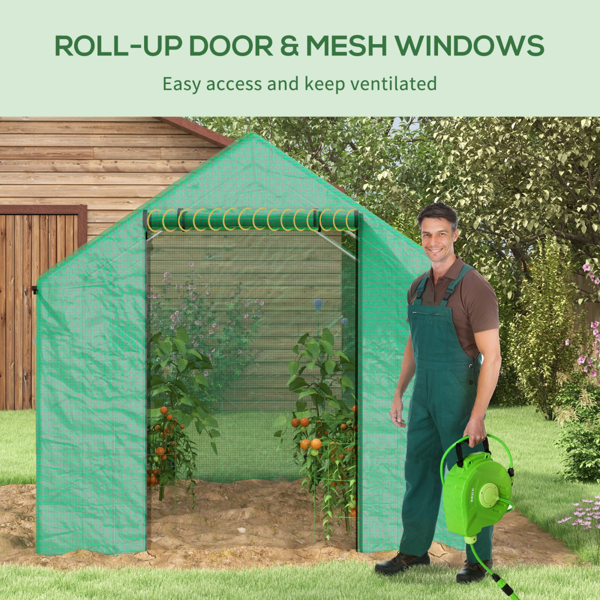 Outsunny 2 x 3m Tunnel Greenhouse with UV PE Cover, Wide Roll-Up Door & Mesh Windows – Steel Frame, Green