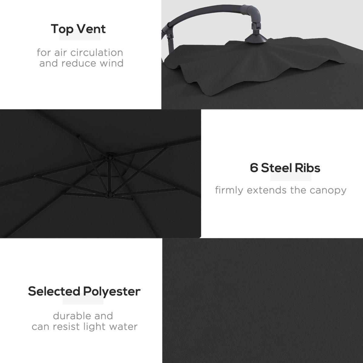 Outsunny 3m Cantilever Parasol with Crank Handle, Cross Base and 6 Ribs – Off-Centre Garden Umbrella, Black