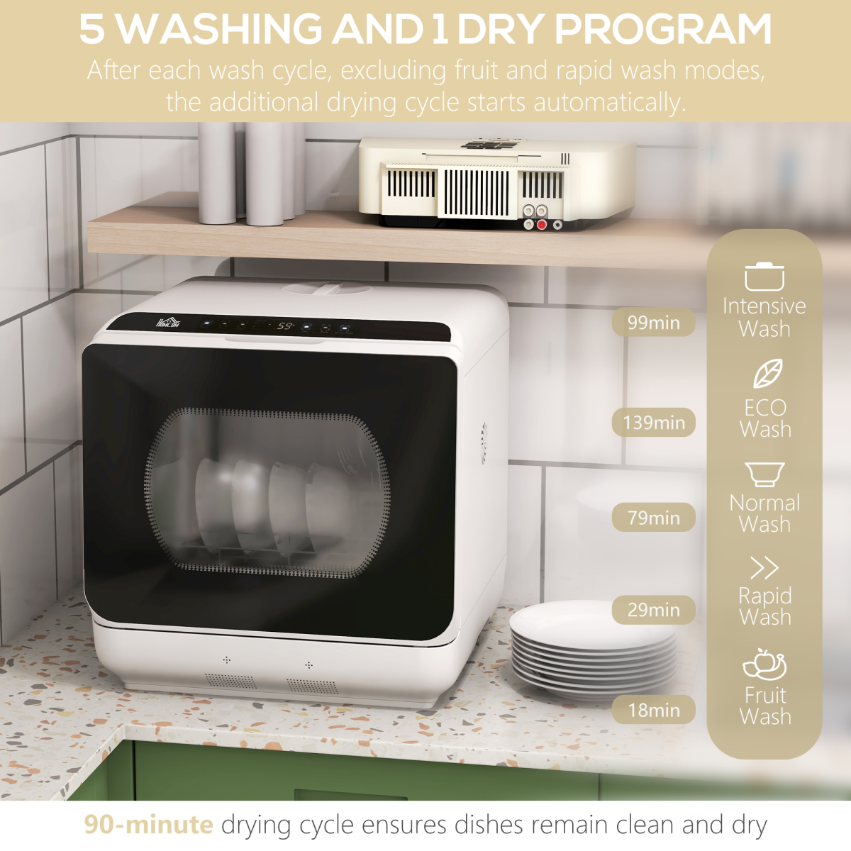 HOMCOM Table Top Dishwasher with 4 Place Settings, 6 Programmes and Fruit Wash Mode – Countertop Dishwasher, White