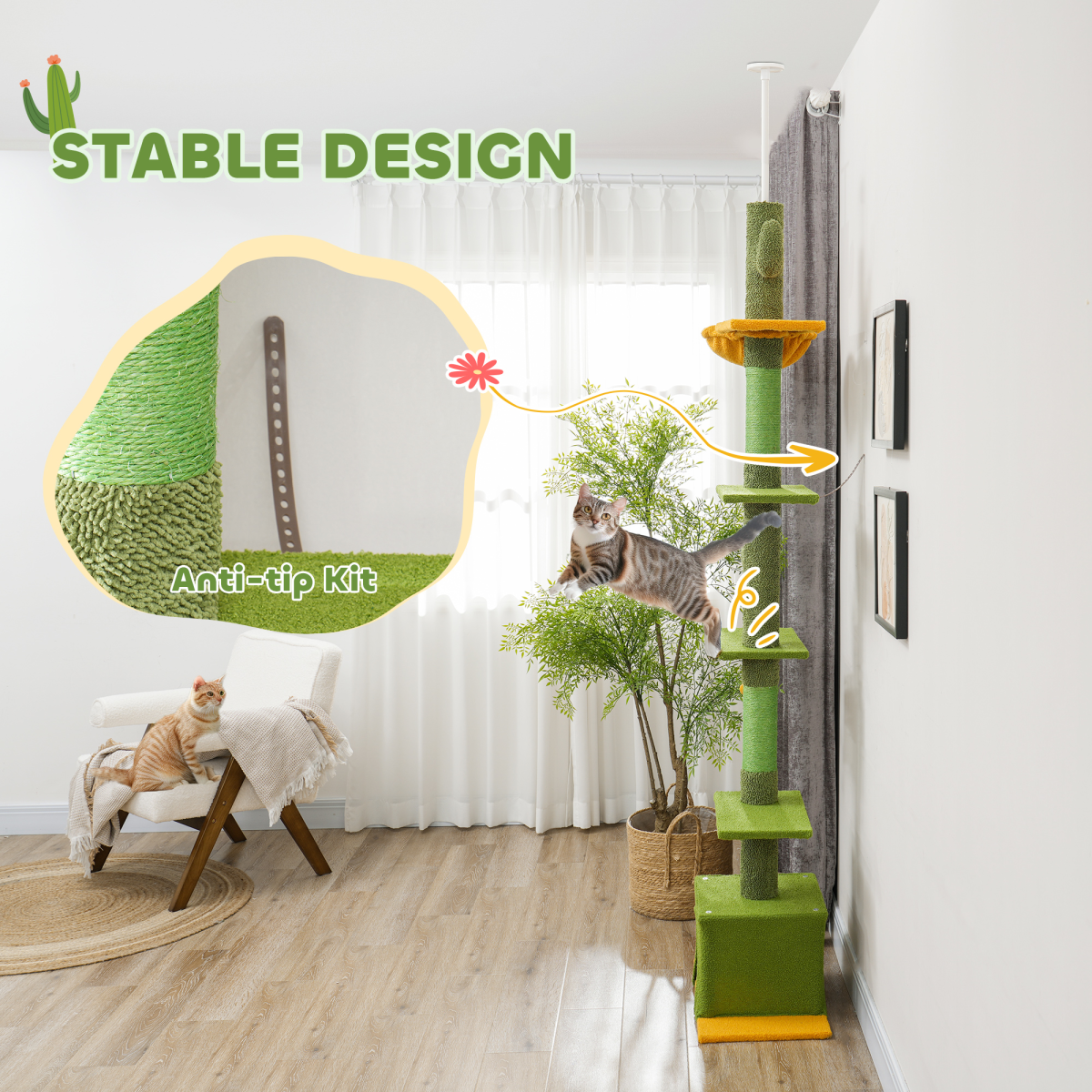 PawHut 230-275cm Floor-to-Ceiling Cat Tree for Indoor Cats with Cat House, Hammock & Anti-Tip Kit – Green