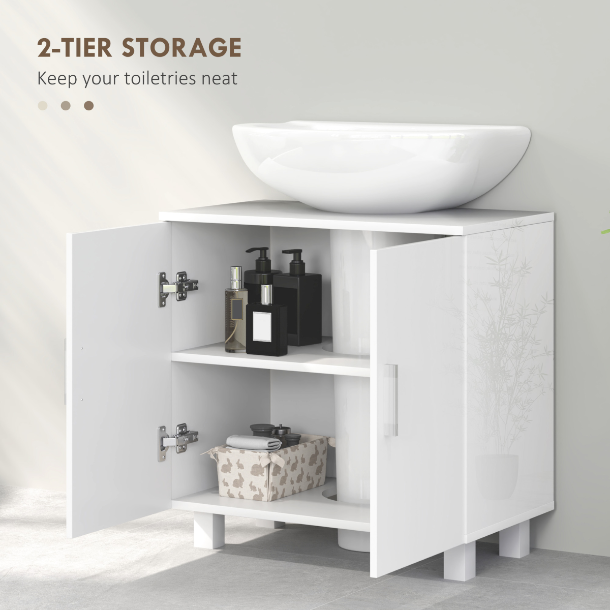 HOMCOM High Gloss Freestanding Under Sink Bathroom Cabinet with U-Shape Cut-Out and Middle Shelf – White
