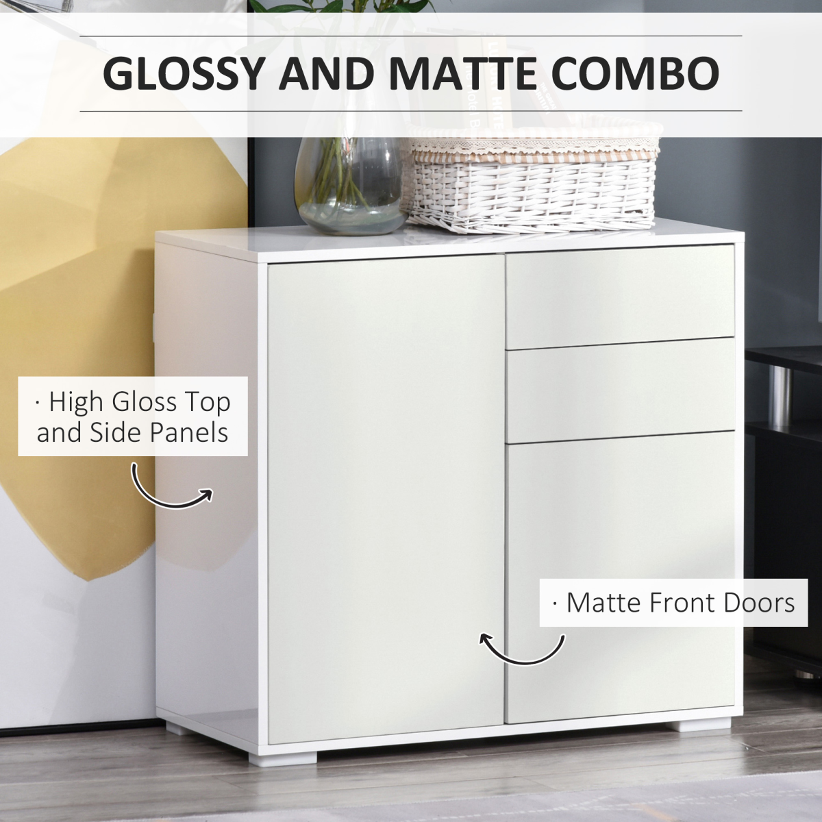 Gloss & Matte Side Cabinet with 2 Doors & 2 Drawers – Home Office Storage, White