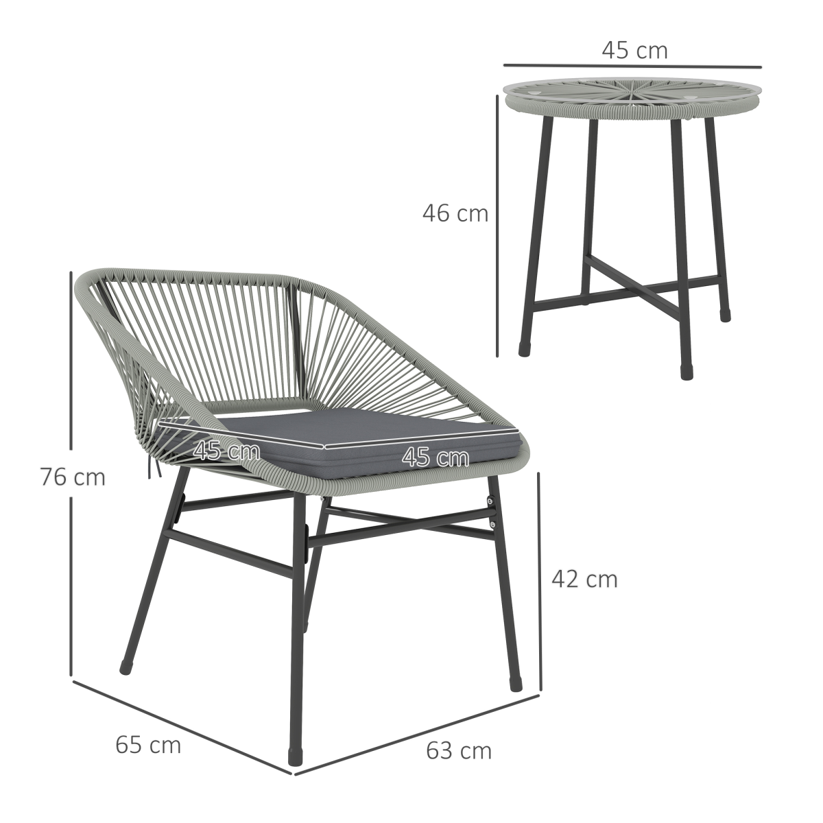 Outsunny 3-Piece Rattan Bistro Set with Cushions & Tempered Glass Table – Balcony Patio Furniture, Light Grey