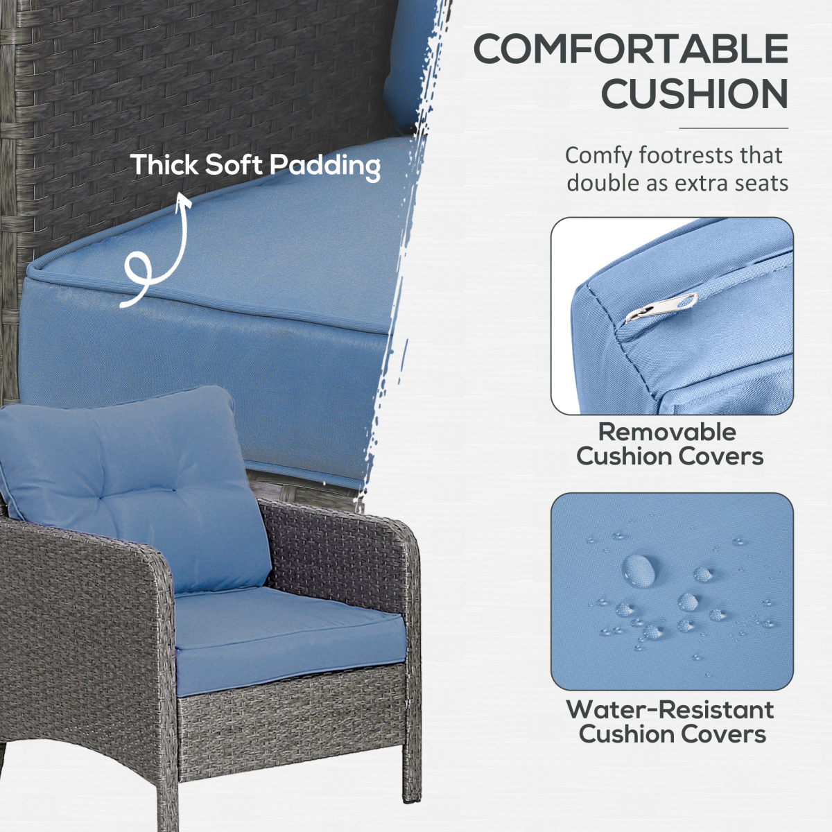 Outsunny 5-Piece Wicker Patio Conversation Set with 10cm Cushions, Footstools & Tempered Glass Coffee Table – Garden Furniture, Grey & Blue