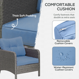 Outsunny 5-Piece Wicker Patio Conversation Set with 10cm Cushions, Footstools & Tempered Glass Coffee Table – Garden Furniture, Grey & Blue